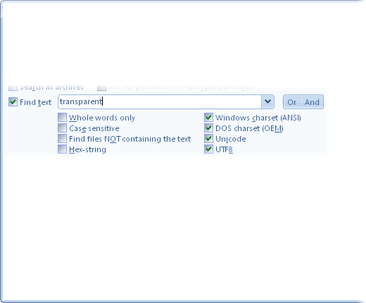 oMega Commander Features. Searching files containing, or not containing a phrase.